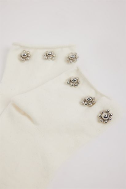 Kadın Dikişsiz Çiçek Taşlı Penye Pamuklu Premium Soket Çorap