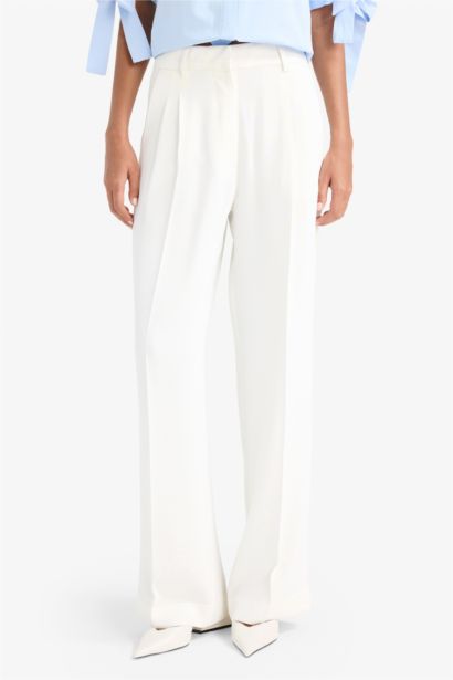 Wide Leg Regular Hem Double Pocket Crepe Trousers