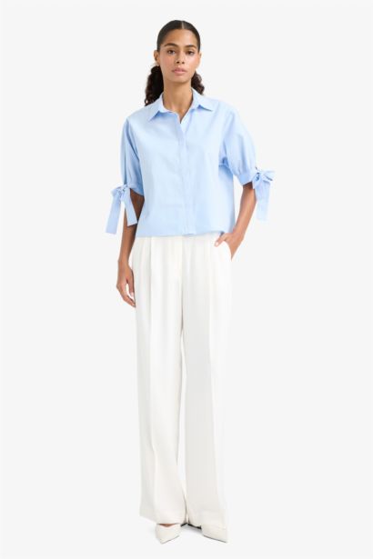 Wide Leg Regular Hem Double Pocket Crepe Trousers