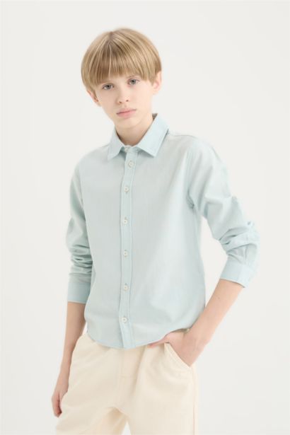 قميص كتان كم طويل قصة عادية بياقة بولو