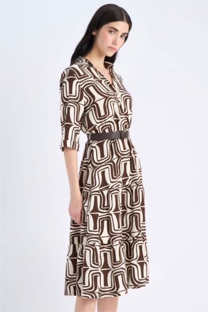 Shirt Collar Printed Midi Dress
