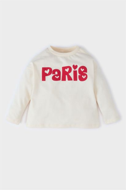 تيشيرت بيبي كم طويل بطبعة شعار قصة عادية بياقة مستديرة