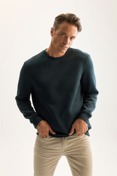 3 İplik Pamuklu Şardonlu İçi Polarlı Regular Fit Bisiklet Yaka Kalın Sweatshirt