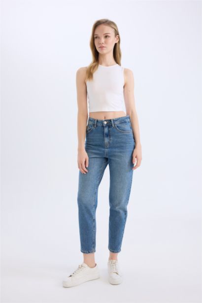 Mom Jean à taille normale Coupe droite à effet délavé