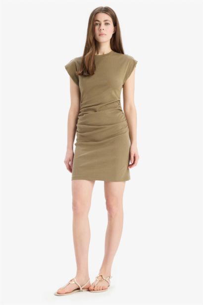 %100 Pamuk Bodycon Vücudu Saran Yuvarlak Yaka Ribana Mini Elbise