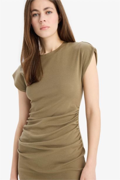 %100 Pamuk Bodycon Vücudu Saran Yuvarlak Yaka Ribana Mini Elbise