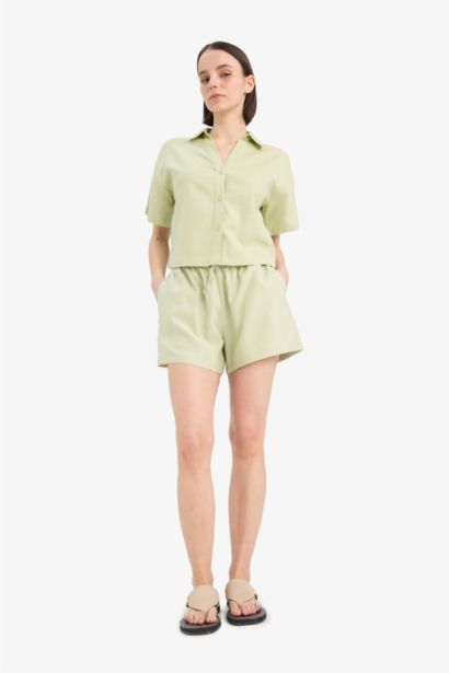 Regular Fit Linen Blended Normal Waist Short Leg Shorts