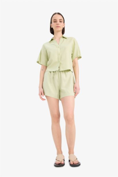 Regular Fit Linen Blended Normal Waist Short Leg Shorts