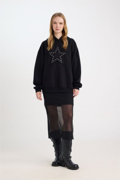 Oversize Geniş Kalıp Yıldızlı Kalın Siyah Sweatshirt