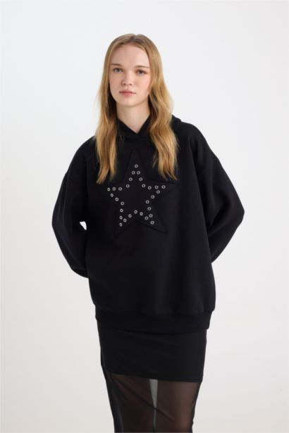 Oversize Geniş Kalıp Yıldızlı Kalın Siyah Sweatshirt