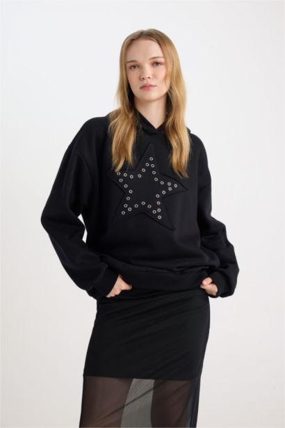 Oversize Geniş Kalıp Yıldızlı Kalın Siyah Sweatshirt