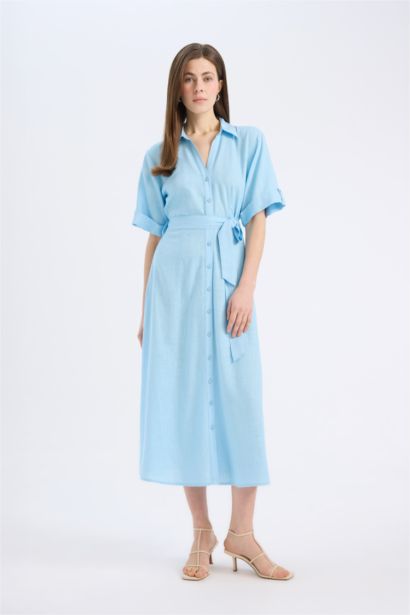 Shirt Collar Linen Blended Midi Dress