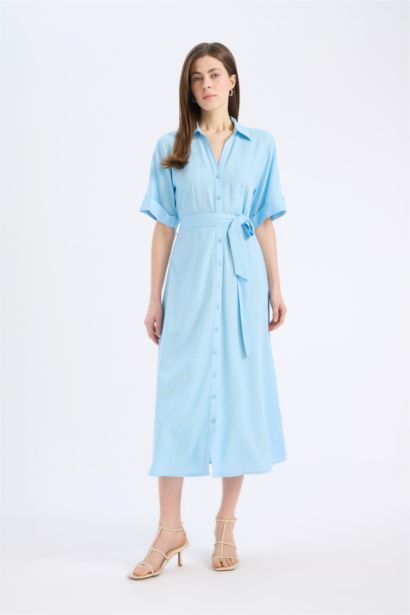 Shirt Collar Linen Blended Midi Dress