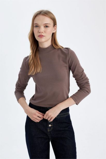 Fitted Half Turtleneck Modal Basic Long Sleeve T-Shirt