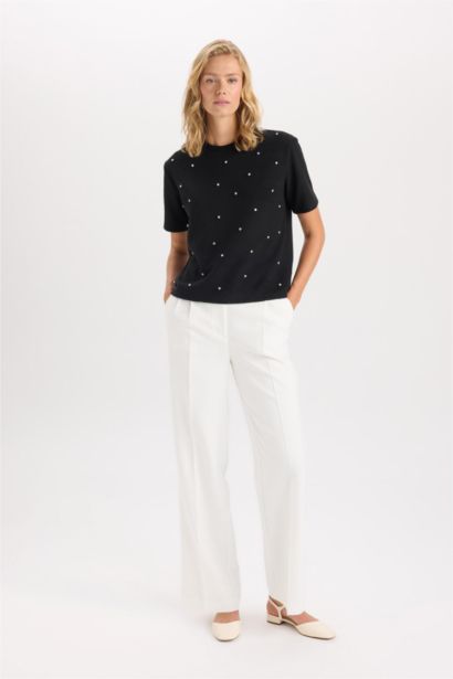 Wide Leg Dokuma Pantolon Geniş Bol Paça Pensli Cepli Yüksek Bel Basic Düz Uzun Boy