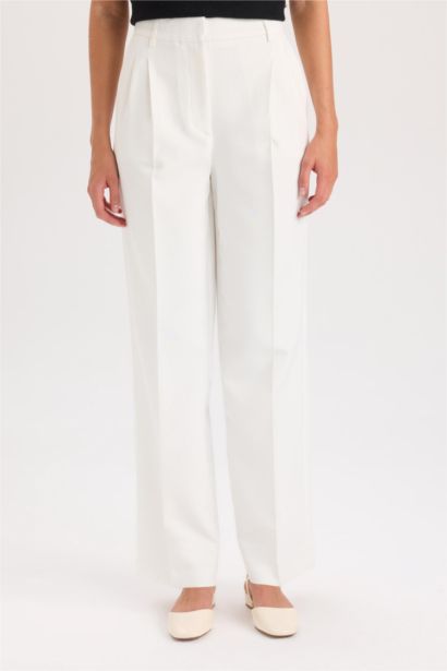 Wide Leg Dokuma Pantolon Geniş Bol Paça Pensli Cepli Yüksek Bel Basic Düz Uzun Boy