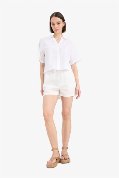 شورت كابري بخصر عادي من مزيج الكتان