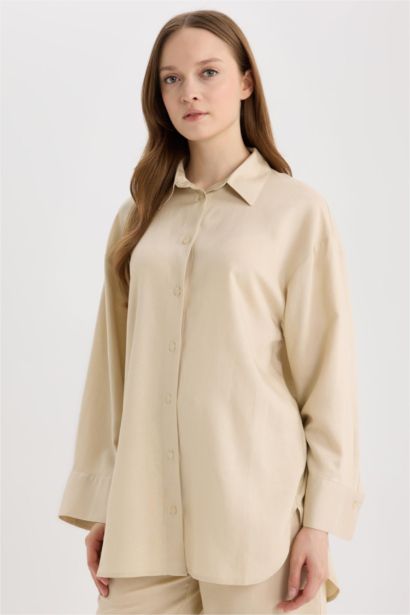 تونيك قصة مريحة كم طويل من مزيج الكتان بيج رملي