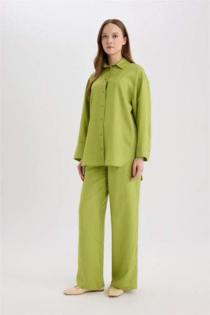 Wide Leg Keten Karışımlı Geniş Paça Pantolon