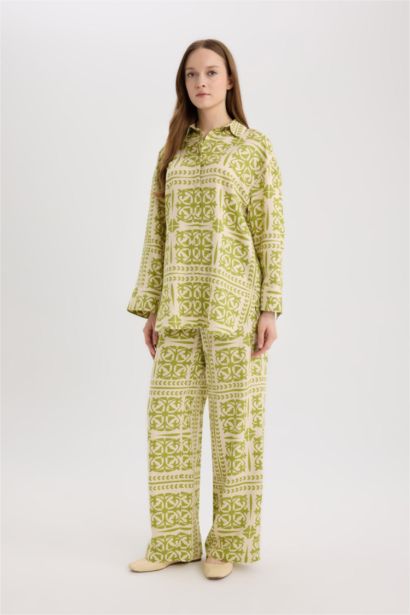Wide Leg Printed Linen Blend Trousers