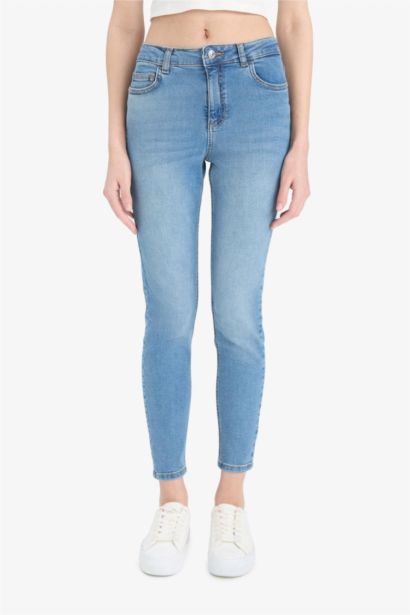 Skinny Fit Yüksek Bel Düz Paça Uzun Jean Taş Yıkama Pantolon