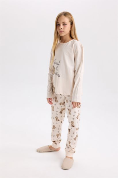Kız Çocuk Pijama Takımı Köpek Baskılı Uzun Kollu Üst Uzun Alt