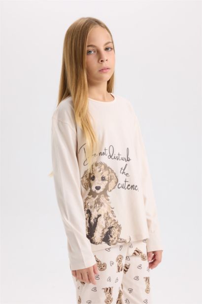Kız Çocuk Pijama Takımı Köpek Baskılı Uzun Kollu Üst Uzun Alt