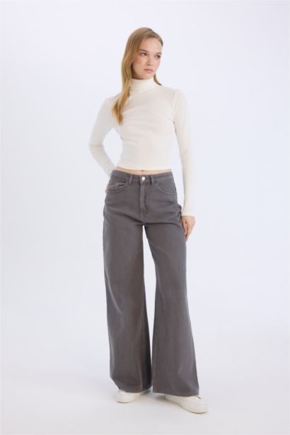 بنطرون جبردين برجل واسع وايد ليج وخصر عالي