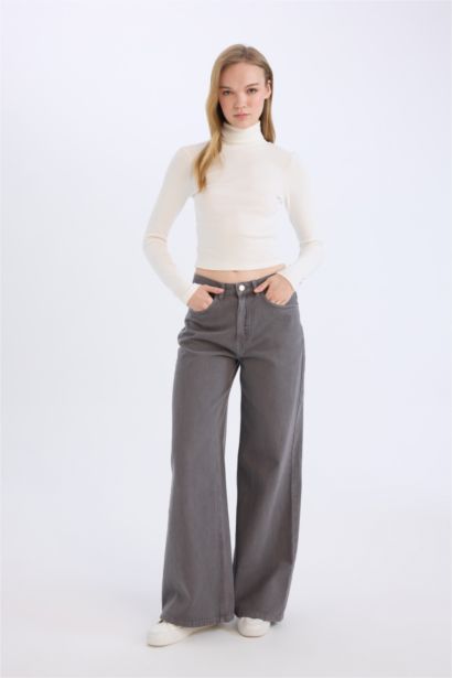 بنطرون جبردين برجل واسع وايد ليج وخصر عالي