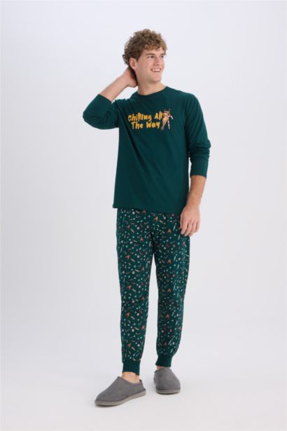 Yılbaşı Temalı Pijama Takımı Bisiklet Yaka Baskılı Uzun Kollu Üst Uzun Alt