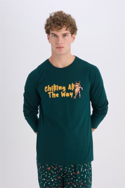 Yılbaşı Temalı Pijama Takımı Bisiklet Yaka Baskılı Uzun Kollu Üst Uzun Alt