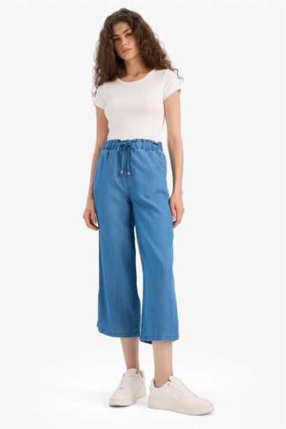 Pantalon jupe-culotte à taille haute élastique en tencel délavé