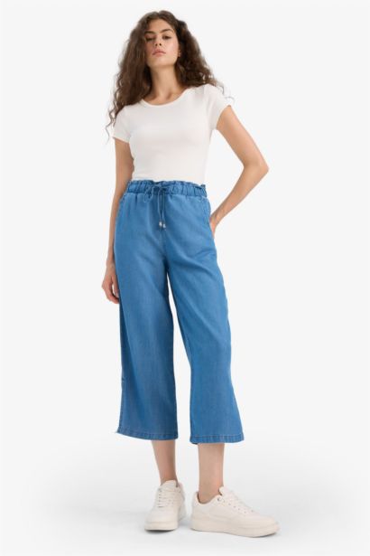 Pantalon jupe-culotte à taille haute élastique en tencel délavé
