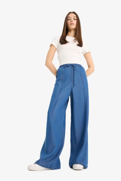 Pull On Wide Leg Yüksek Bel Uzun Tensel Yıkamalı Pantolon