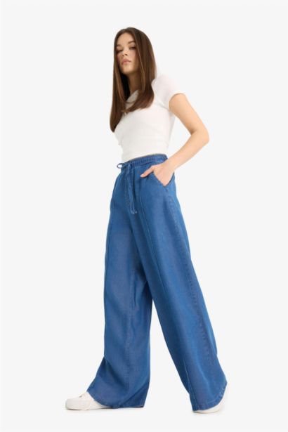 Pull On Wide Leg Yüksek Bel Uzun Tensel Yıkamalı Pantolon