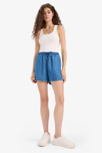 Yüksek Beli Lastikli Cepli Tensel Şort