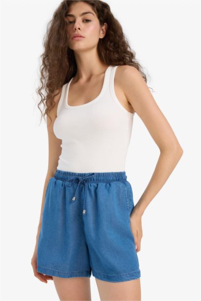 Yüksek Beli Lastikli Cepli Tensel Şort
