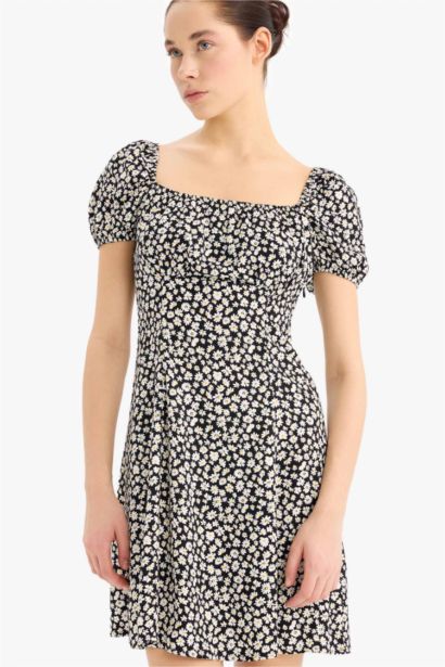 Coool гүлді шаршы ойық қысқа жеңді Қысқа жеңді тоқылған көйлек