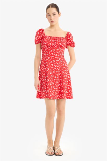 Coool гүлді шаршы ойық қысқа жеңді Қысқа жеңді тоқылған көйлек