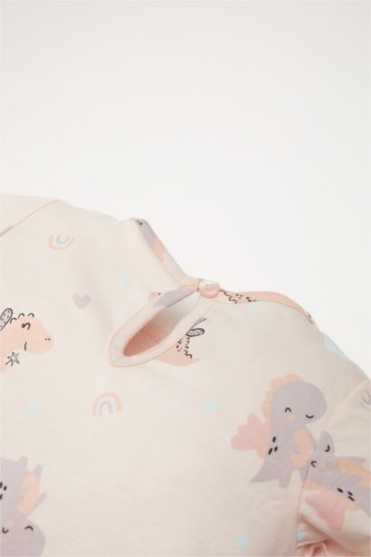 Pijama Takımı Dinozor Baskılı Kısa Kollu Penye Üst Beli Lastikli Şort Kız Bebek