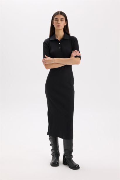 فستان ميدي سليم فيت كم طويل مضلع بوديكون بياقة بولو