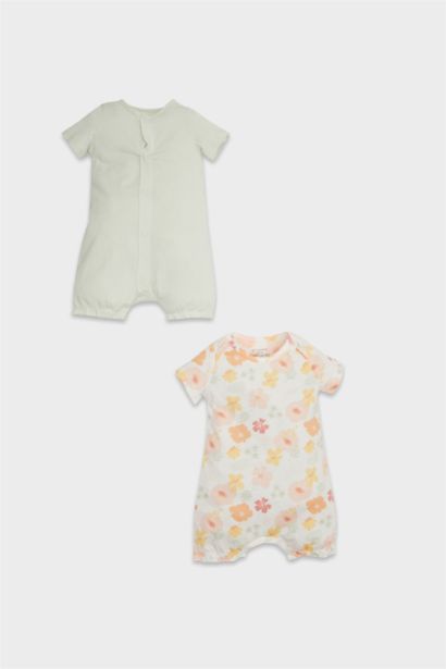 Desenli Penye 2'li Kısa Kollu Tulum Kız Bebek Yenidoğan