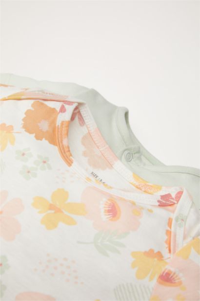 Desenli Penye 2'li Kısa Kollu Tulum Kız Bebek Yenidoğan