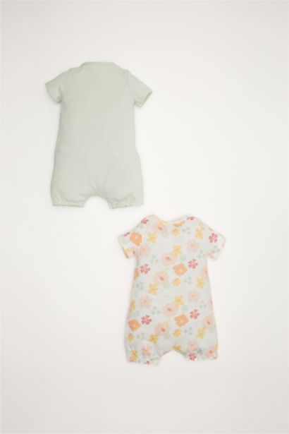 Desenli Penye 2'li Kısa Kollu Tulum Kız Bebek Yenidoğan