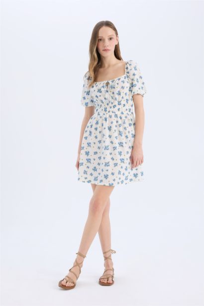 Square Collar Flower Mini Dress