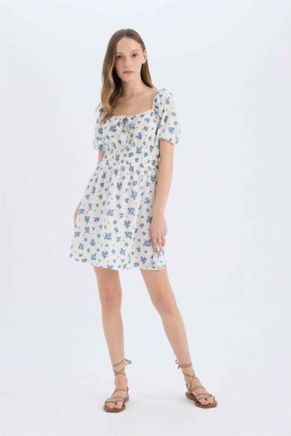 Square Collar Flower Mini Dress