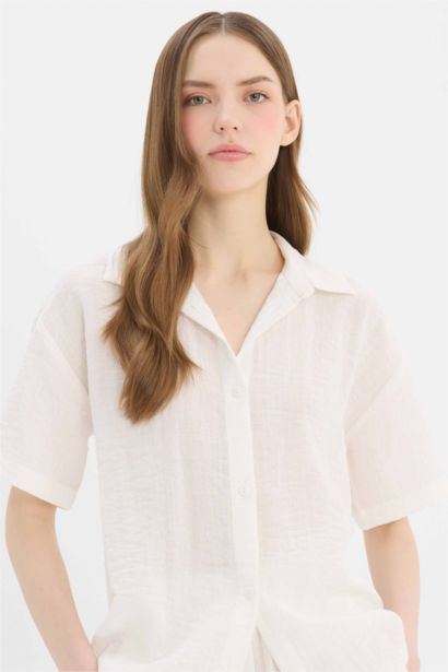 Oversize Fit Shirt Collar Linen Look Short Sleeve Shirt