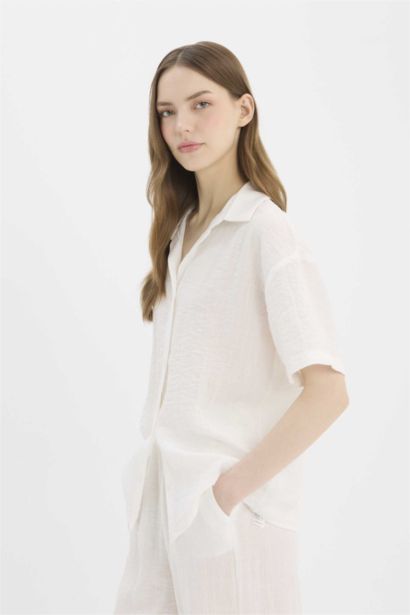 Oversize Fit Shirt Collar Linen Look Short Sleeve Shirt