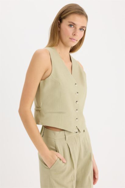 V Neck Linen Blend Vest