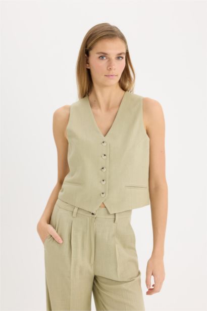 V Neck Linen Blend Vest